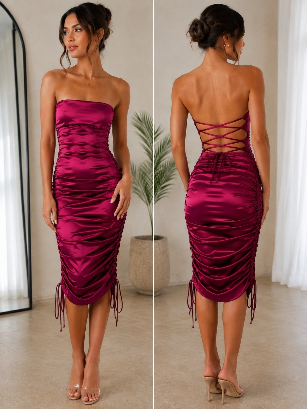 Burgundy Strapless Ruched Satin Midi Dress with Lace-Up Back XS